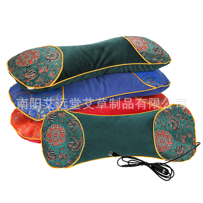 电加热艾草骨头枕可拆卸颈椎枕艾灸加药花草加热艾草枕白底实物图