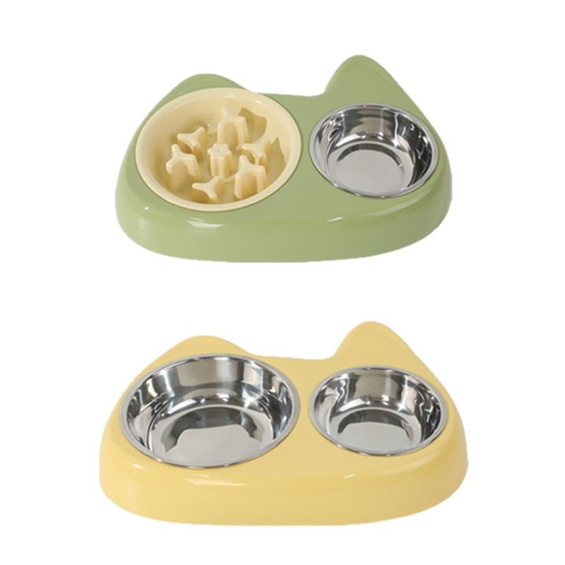 New anti-choking stainless steel double-bowl large and small eye slow food two-in-one pet bowl, pet supplies stainless steel double-bowl basin Item Picture