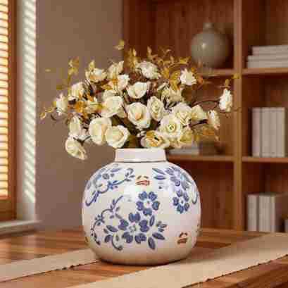 Nuevo chino chino medio azul y azul porcelana vintage pequeña botella cerámica arreglos florales decoración de sala de estar arreglos florales Specification image