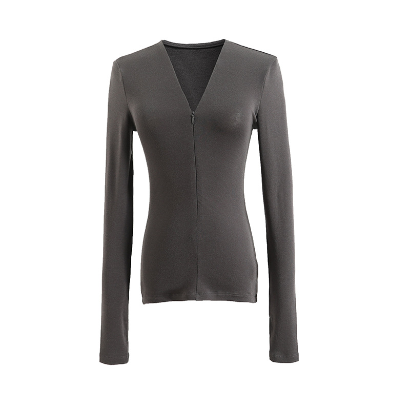 New Tencel wool slimming layering, adjustable V-neck slimming knitted top, long-sleeved T-shirt, women 4511 Item Picture