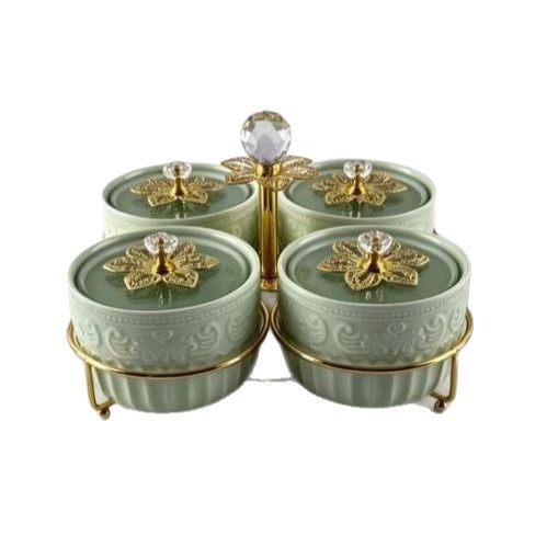 Black, white and green multi-color ceramic dried fruit compartments box, crystal top knob, golden floral decoration coffee table, snack storage, fruit plate Specification image