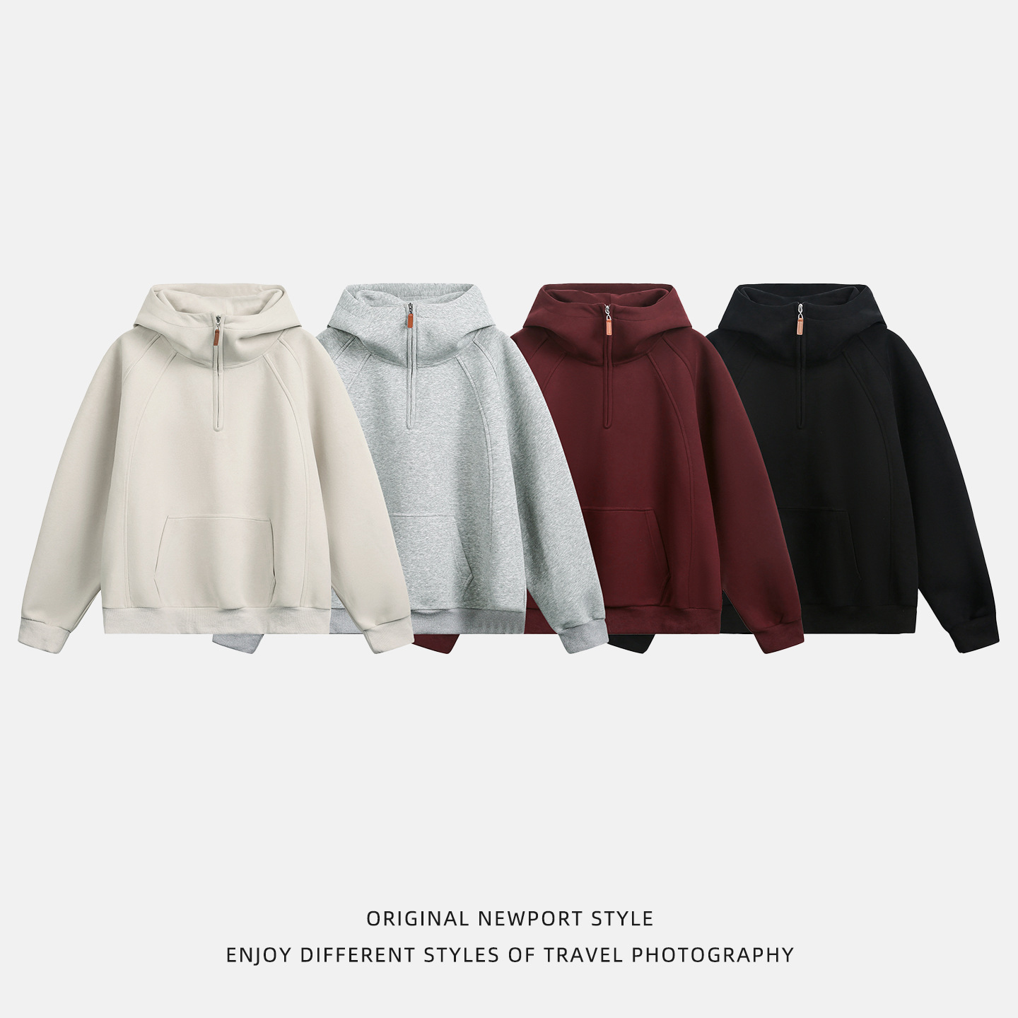 The new men's autumn and winter collection of the three-dimensional split semi-zipper hooded sweatshirt features a thickened semi-high collar with shoulder sleeves Item Picture
