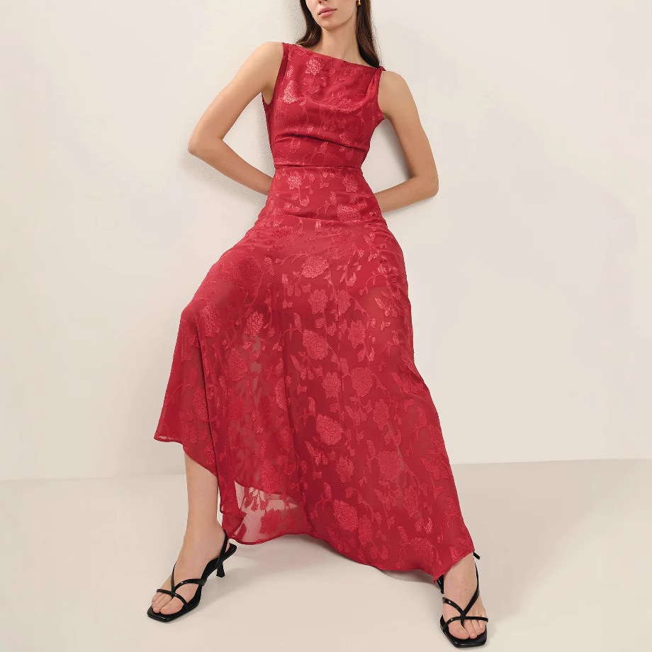 New style of European and American summer lace backless slimming jacquard red irregular dress for women in 2025 foreign trade details Picture