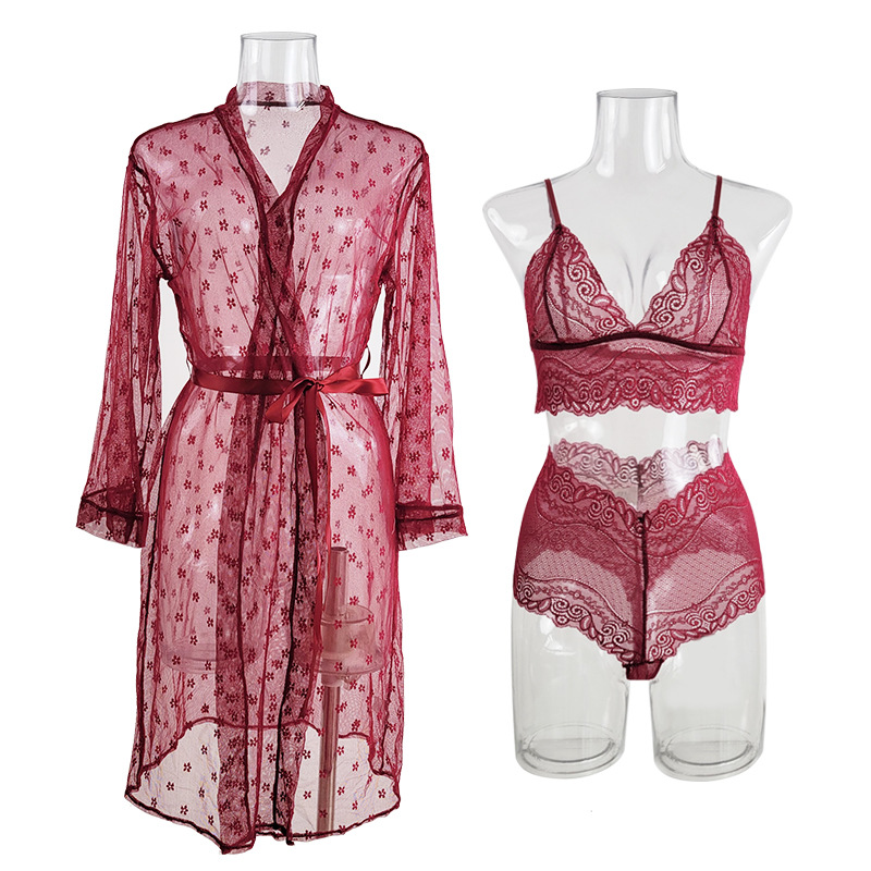 Cross-border foreign trade independent station Sexy mesh see-through pajamas four-piece set Long outer robe bra underwear set 9076 Item Picture