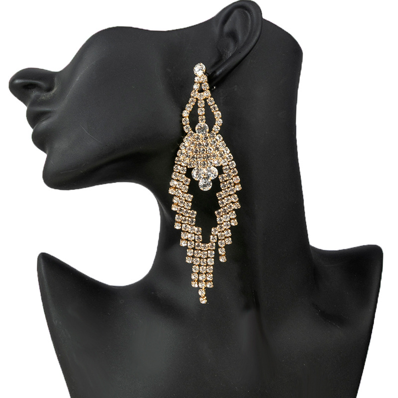 Cross-border European and American popular long full rhinestone tassel earrings, women's evening party and party wear accessories, full diamond earrings full figure
