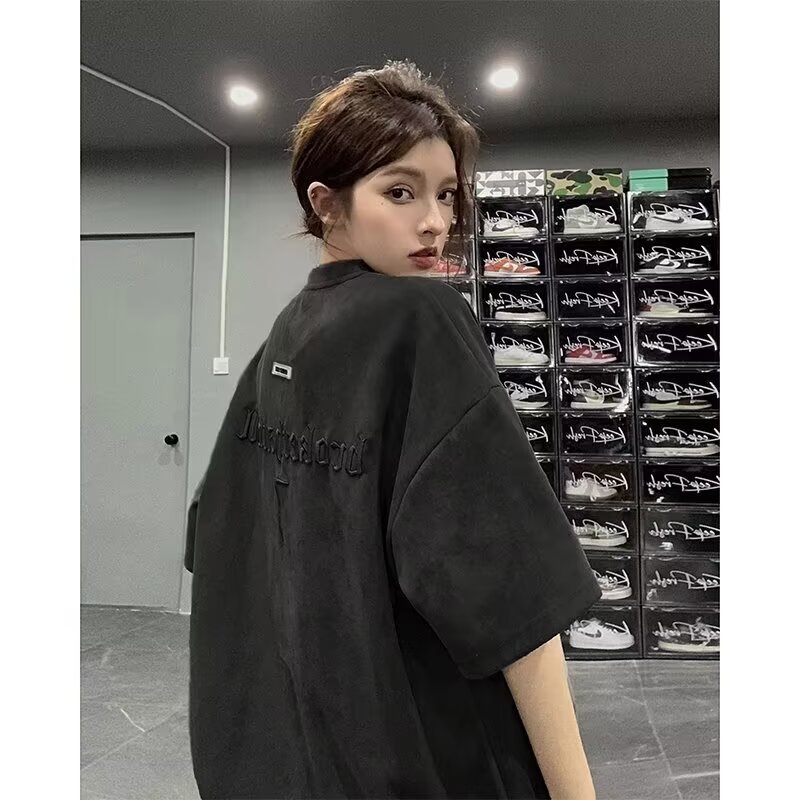 2025 nuevo estilo Estados Unidos maré bordado letras manga corta camiseta hombre holgada media manga ante pareja mismo estilo manga corta details Picture