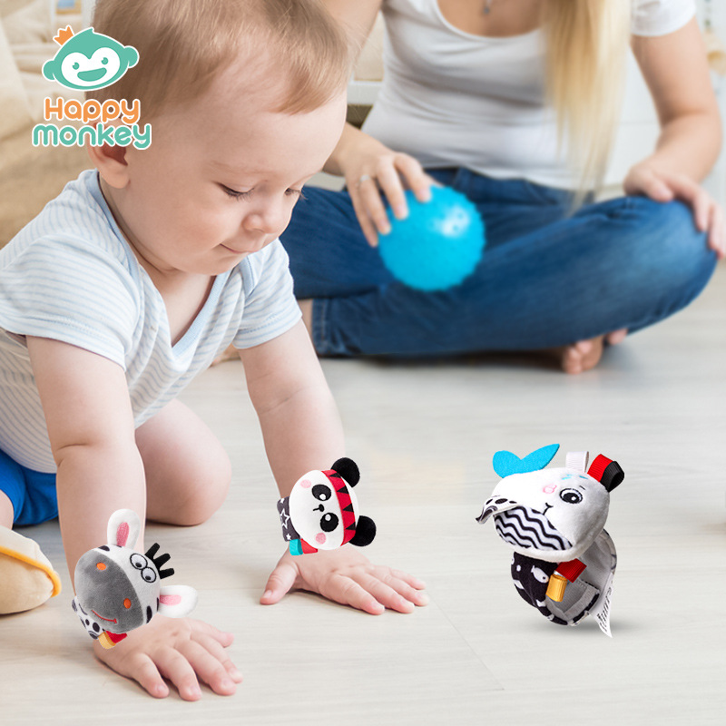 Happymonkey Black and White cartoon animal watch with wrist strap and rattle baby toy for newborns
