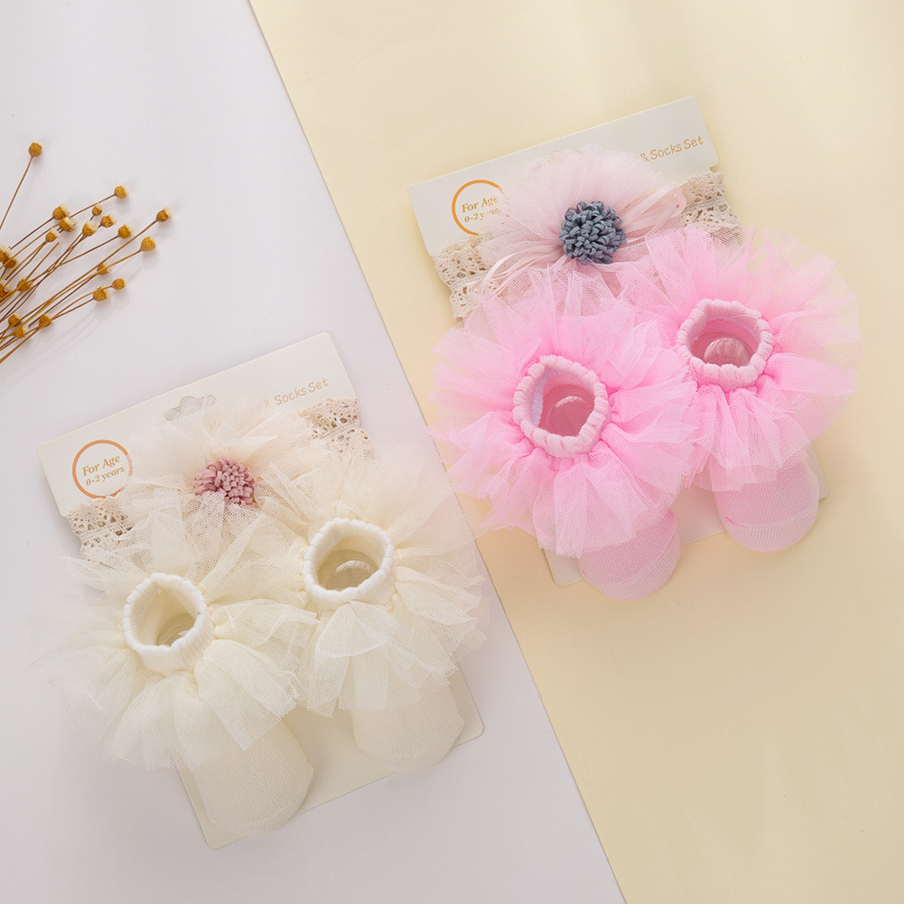 韩版新款雪纺蕾丝婴儿发带袜子套装宝宝满月周岁百天礼品头带地板产品图