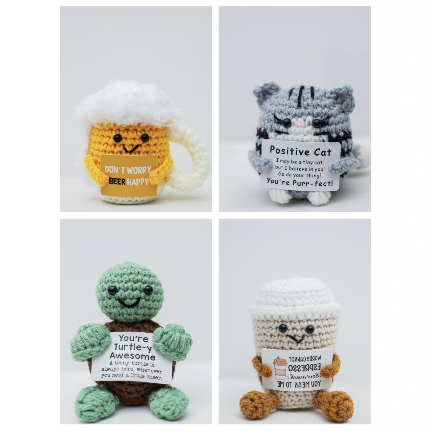 Handmade crocheted woolen plush toy, creative display piece, cute and positive energy, little cat, little turtle, beer mug hanging decoration, cartoon style