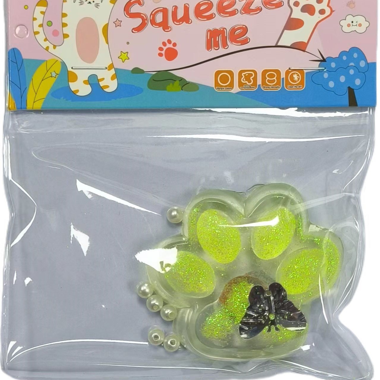 工厂直销TPR软胶透明金粉带灯中号猫爪猫掌萌宠团子卡通减压玩具白底实物图