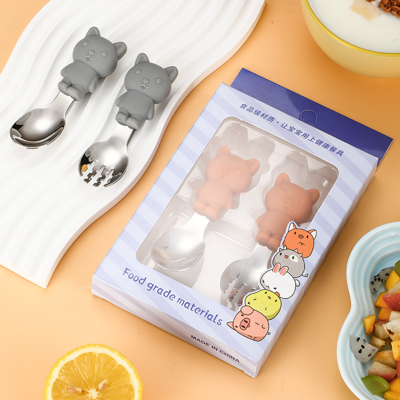 儿童硅胶餐具套装宝宝学吃饭训练卡通勺子短柄婴儿辅食硅胶勺叉子