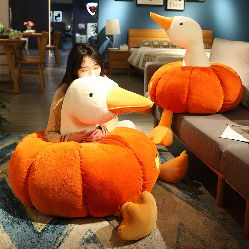 Cute pumpkin duck plush toy, sleeping doll on the bed, little duck doll, birthday gift, ladies' living room cushion details Picture