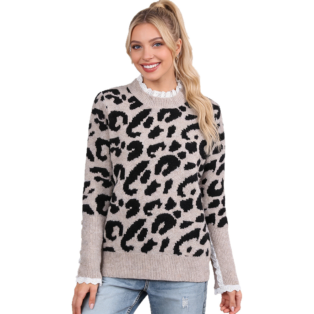 豹纹款毛衣女蕾丝花边拼接圆领长袖套头针织衫欧美时尚休闲毛衣白底实物图