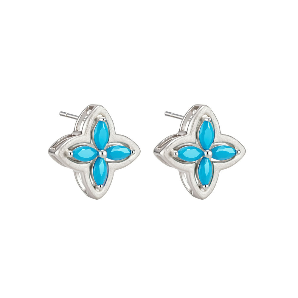 Simple and versatile four-leaf clover ear stud copper alloy brushed blue turquoise s925 silver needle light luxury high-end exquisite earrings Item Picture