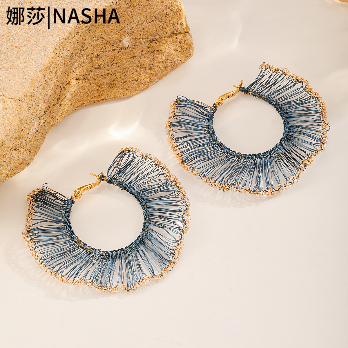 Nasha high-end copper wire hand-woven exaggerated large ear rings, niche high-end style earrings, non-fading fan-shaped stud earrings for women