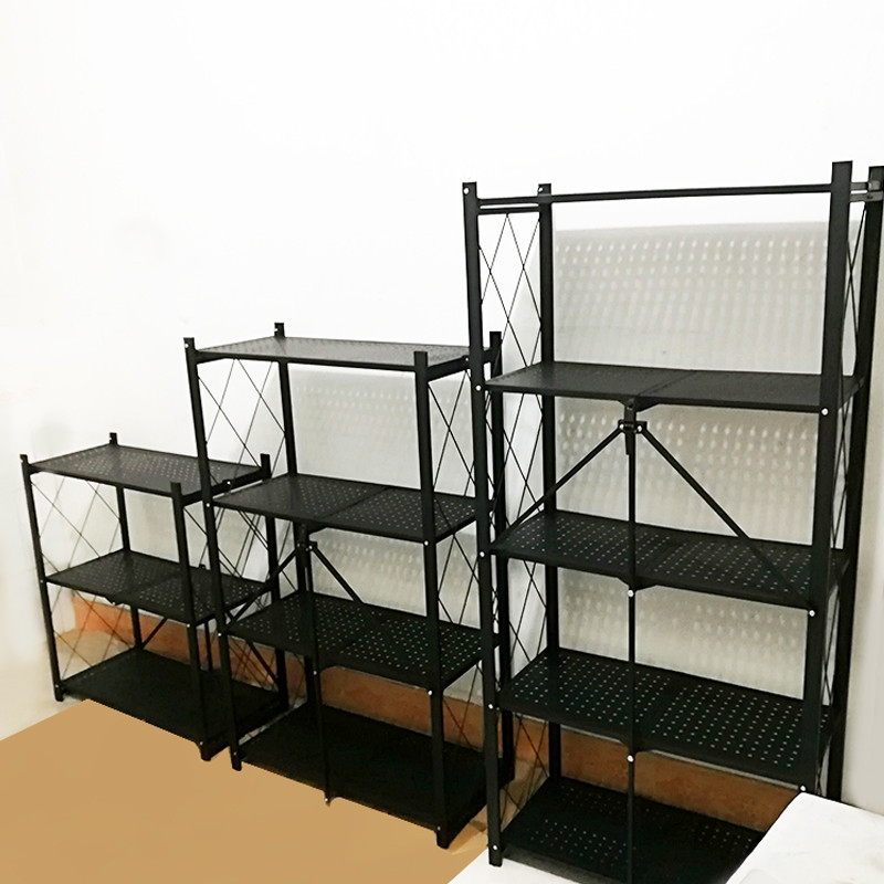 The folding storage rack is made of five layers of black steel pipes welded and assembled for storing sundries, books and kitchenware Application Scenario