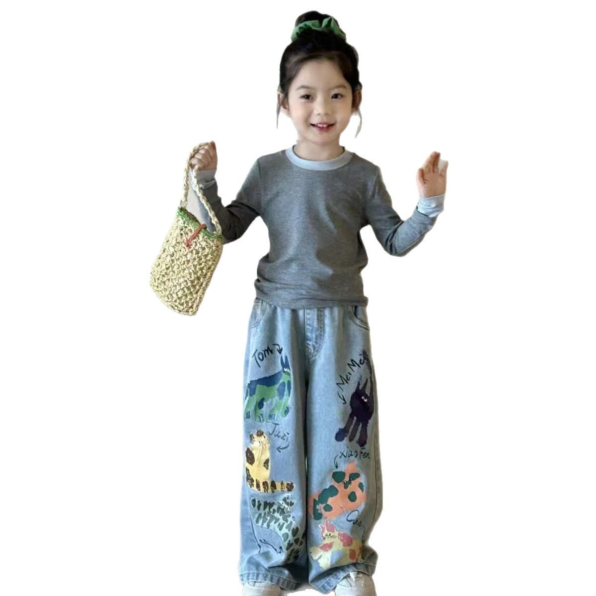 Spring 2025 Children's and Girls' holiday: Two base shirts, graffiti printed jeans, straight-leg pants, Korean style, Korean style trendy kids Item Picture
