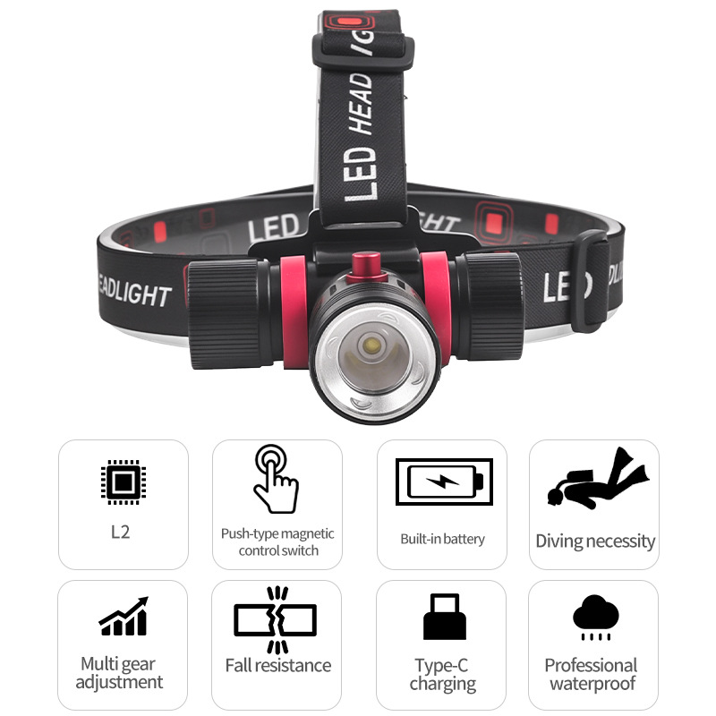 Cross-border new arrival L2 luz brillante de buceo faros USB recargables larga duración profesional al aire libre de aluminio de aluminio faros Specification image
