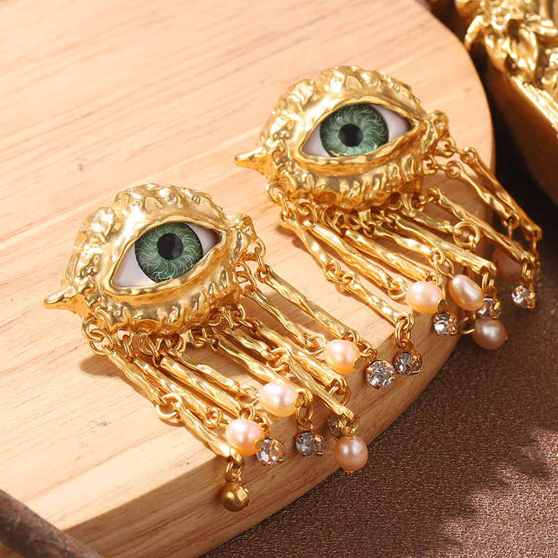 恶魔之眼珍珠夸张开口戒指莫奈花园油画系列流苏花卉珐琅耳环批发细节图