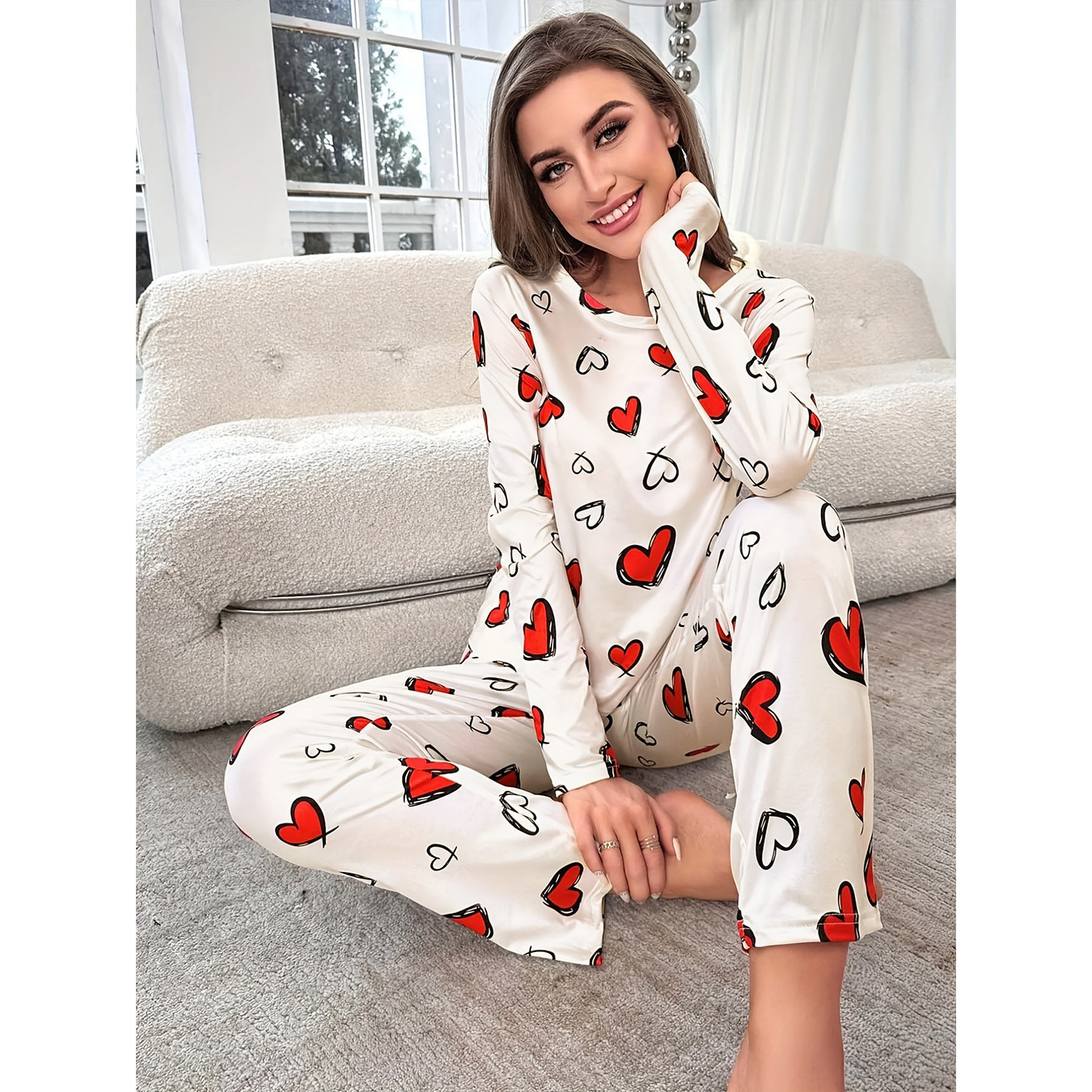 The new TEMU women's heart-shaped printed long-sleeved and long pants pajama set for cross-border sales to Europe, America and Russia in 2025
