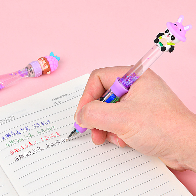 Cartoon flowing sand small four-color pen student stationery, cute and creative multi-color ballpoint pen, colorful press pen student supplies Specification image