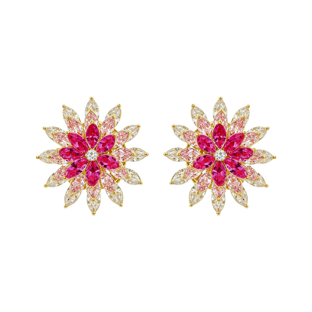 Light luxury and high-end, rotatable three-layer gradient flower stud earrings, copper alloy inlaid with zircon s925 silver needle exquisite earrings Item Picture