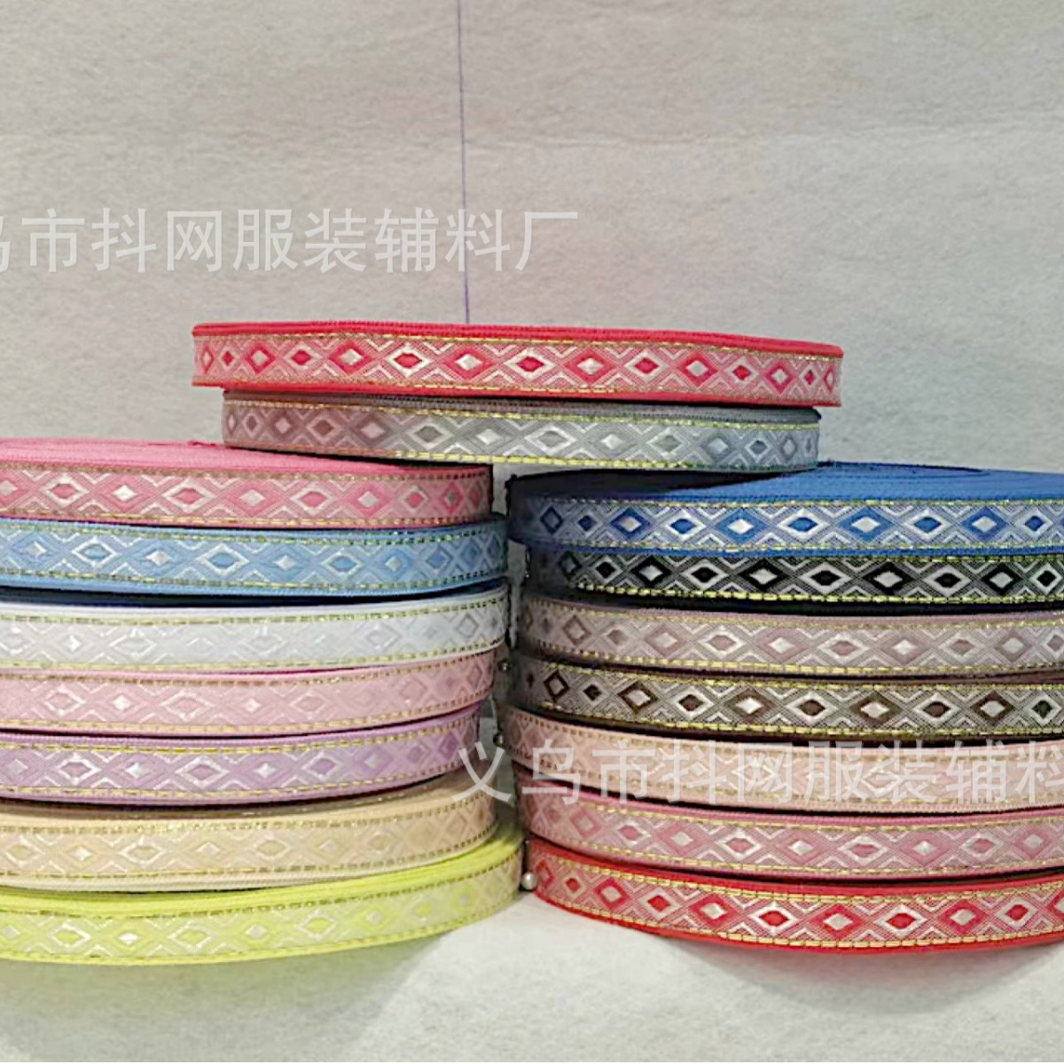 1.2cm Ancient-style diamond-shaped gold edge eight-treasure ribbon hair accessory diy, ethnic style woven ribbon Hanfu clothing accessories wholesale brocade Specification image