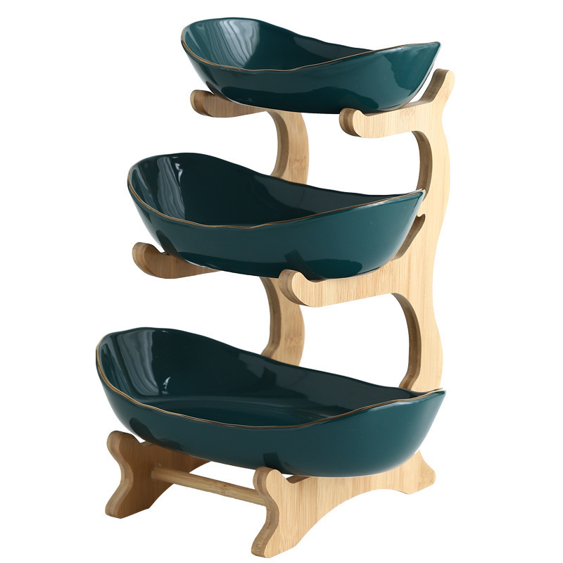 Multi-layer fruit and vegetable plate, bamboo and wood rack, ceramic creative double-layer snack and pastry plate, home living room dry storage Item Picture