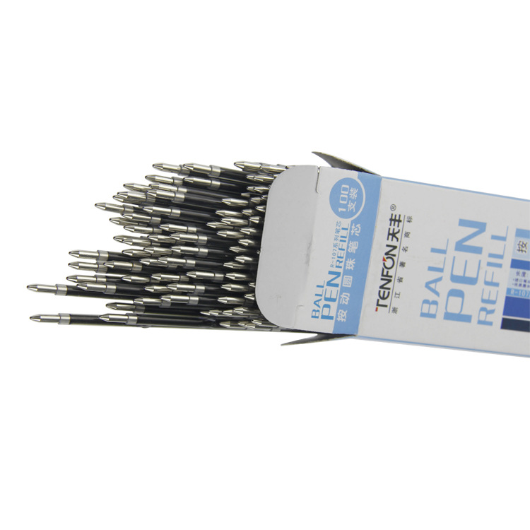 圆珠笔笔芯跳动圆珠笔通用107笔芯批发红兰黑100支/盒不断油