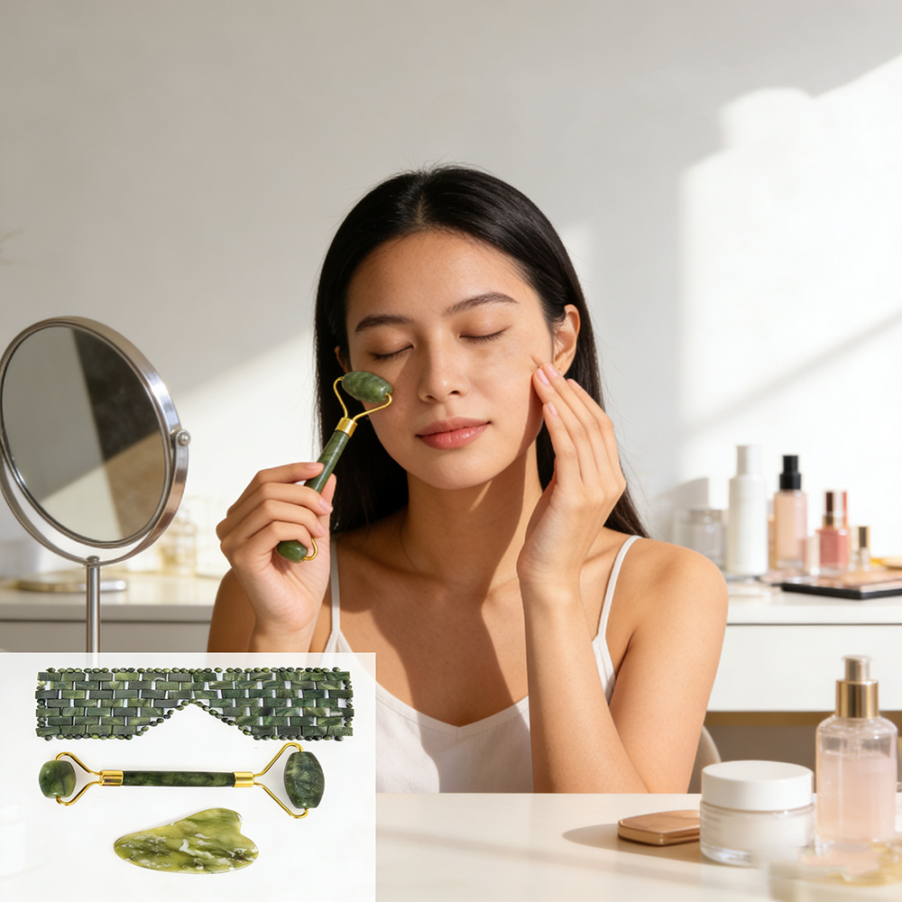 Three-piece jade eye mask, face mask, massage roller, gua sha board set, warm and cool facial beauty container details Picture