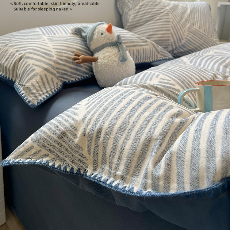 Simple autumn and winter pure cotton brushed bed four-piece set, thickened all-cotton quilt cover, light luxury and high-end bed sheet three-piece set Application Scenario