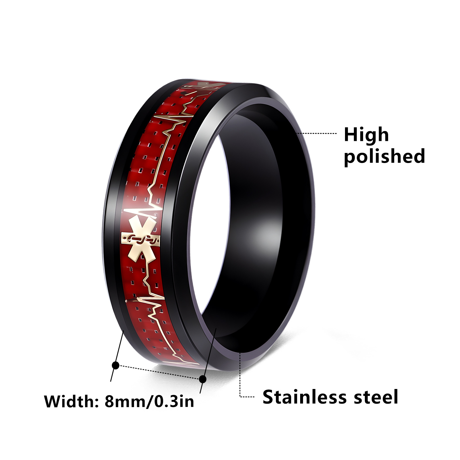 Half-price clearance: Red carbon fiber medical logo titanium steel ring, new Life Heart jewelry for men Item Picture