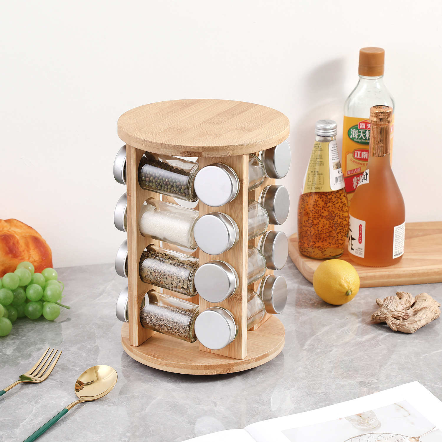 20罐竹制调味瓶套装玻璃调味罐可旋转竹架盐罐调料罐收纳架省空间产品图