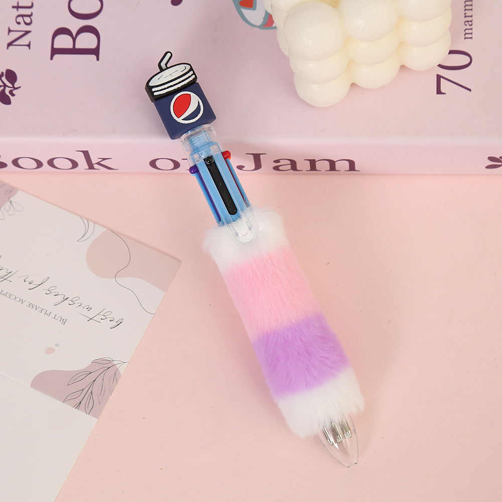 Cartoon hamburger fries, 6-color ballpoint pen, candy-colored plush stationery pen, Korean version creative push-type planner pen details Picture
