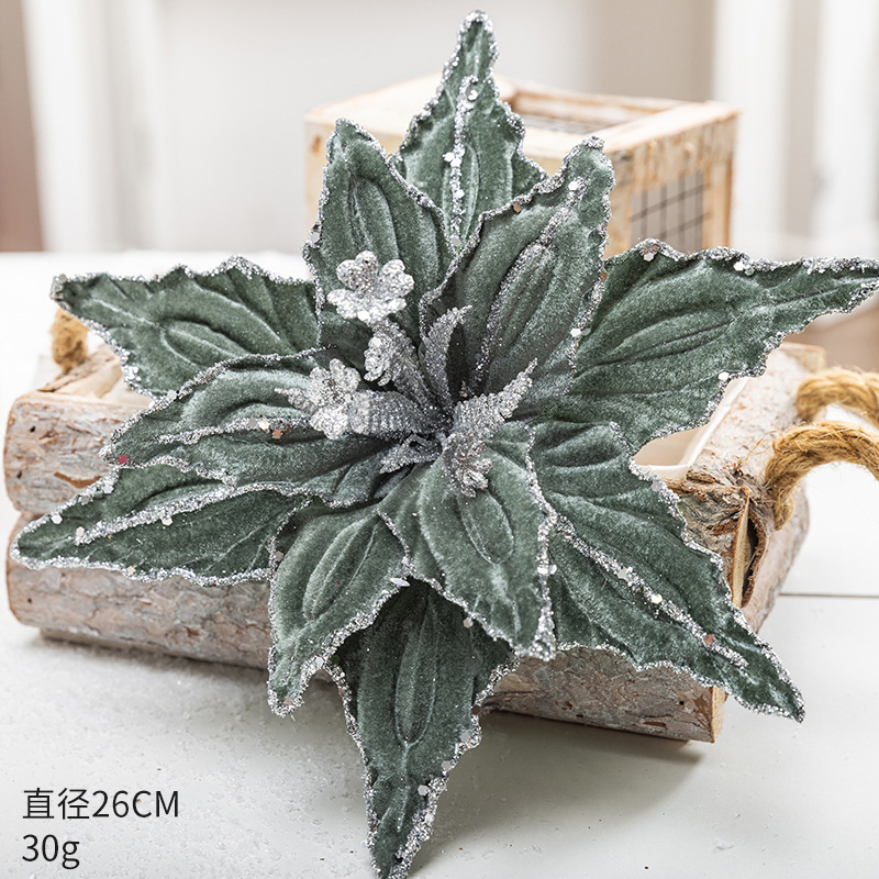 凯锦跨境热销圣诞花装饰品红色金色亮片绒布仿真假花圣诞树装饰插