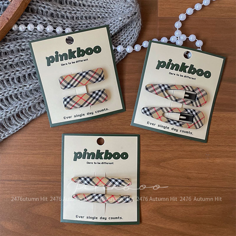 New Korean autumn geometric checkered hair clip, handcrafted fabric, children's side fringed bangs clip, girl's hair accessory pinkboo retro British checkered hair clip set, fabric style, autumn and winter commuting fashion quality details Picture