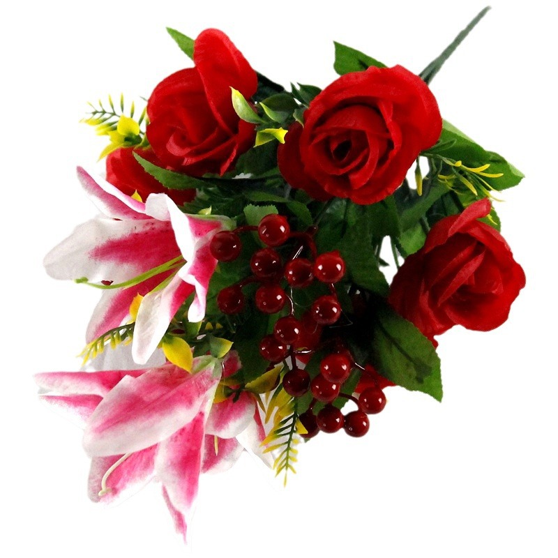 跨境仿真玫瑰花婚庆百合发财果冬青果12头仙桃玫仿真绢花家居花艺白底实物图