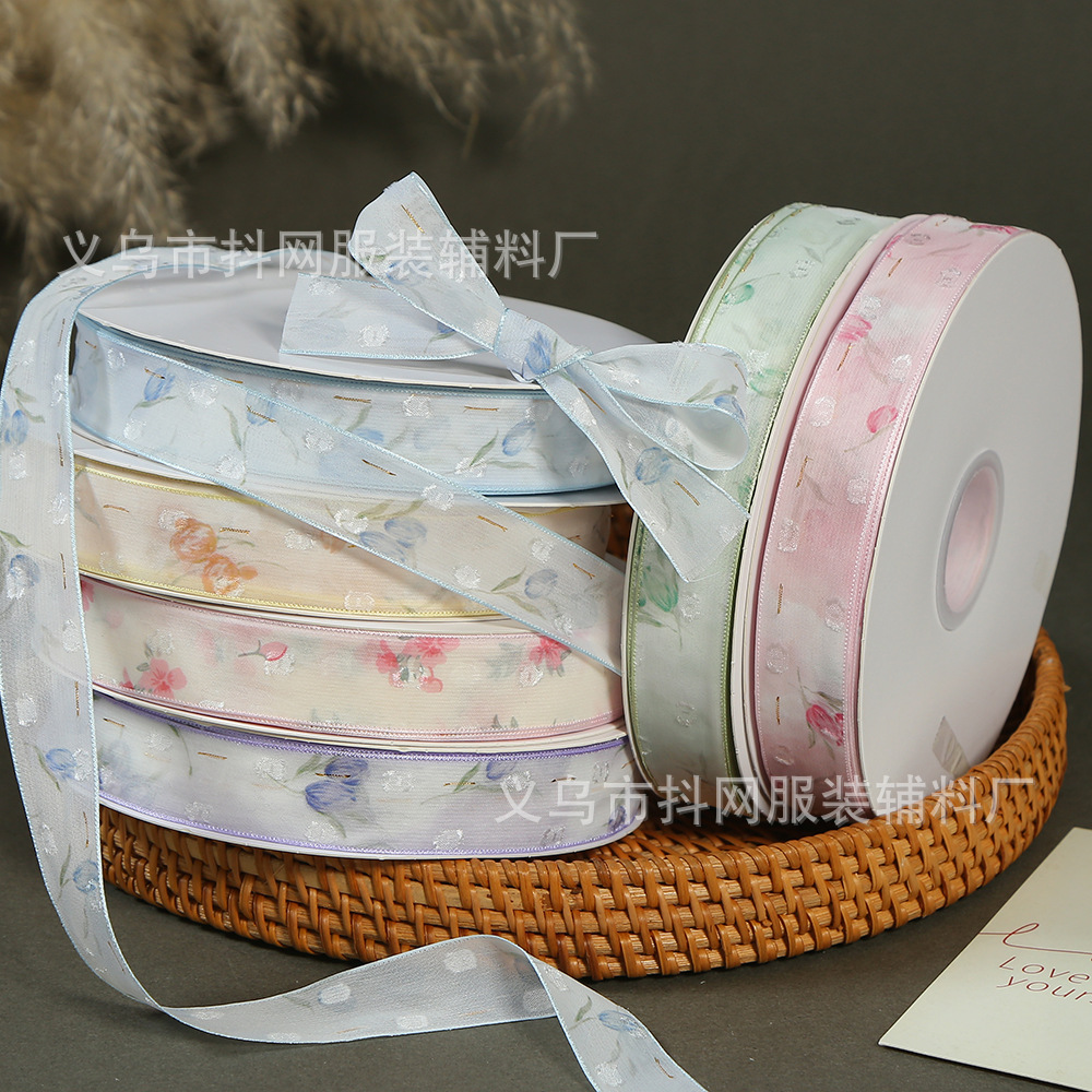 DIY colorful tulip flower snow gauze ribbon, bow hair accessory, printed ribbon, fresh flower material gift box, diy accessories Specification image