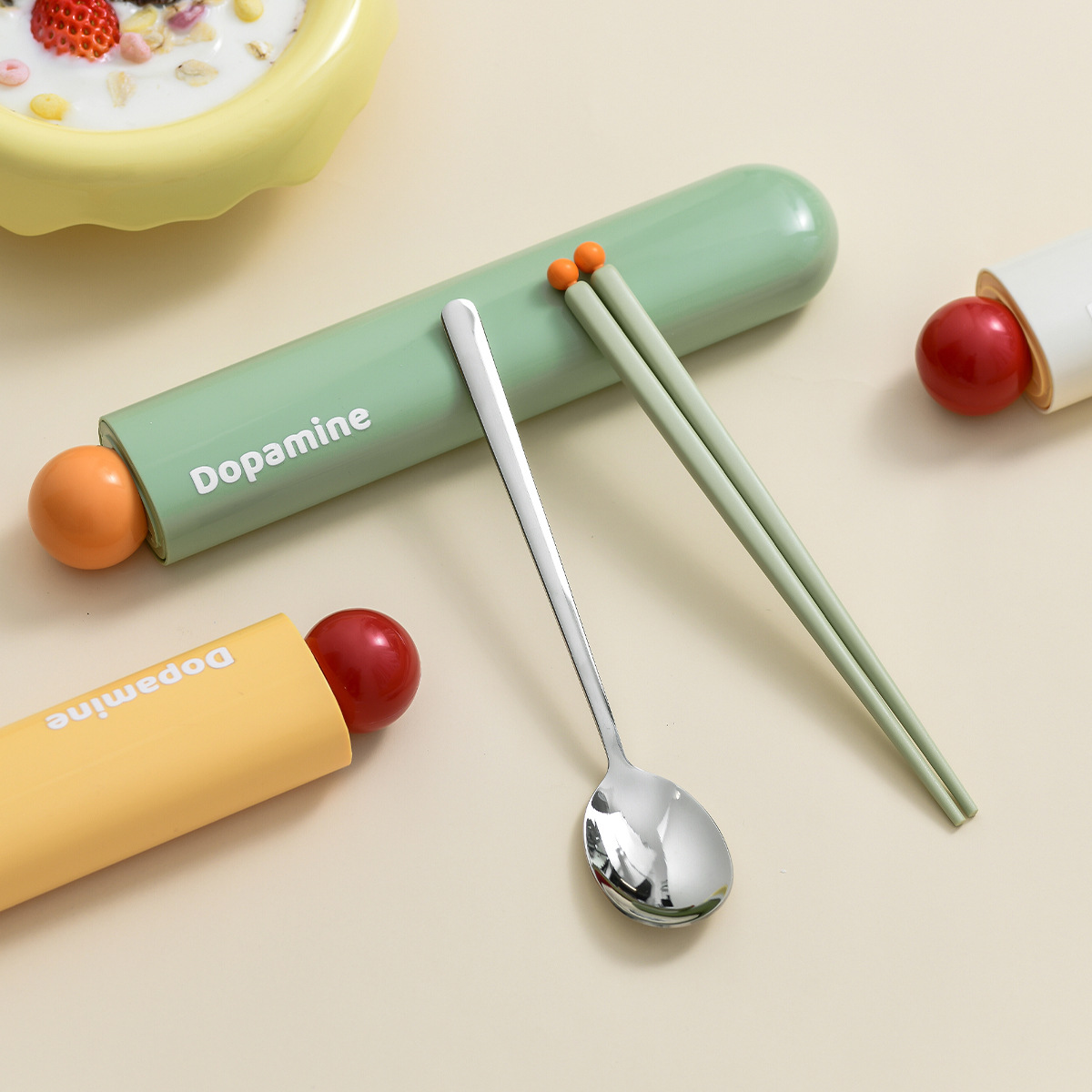 304 stainless steel portable tableware set for office workers and students, two-piece set of candies, dopamine spoons, chopsticks and tableware Specification image