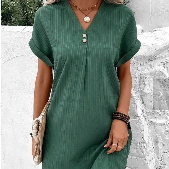 Cross-border European and American women's clothing 2023 new Amazon V-neck solid color pullover comfortable Casual button dress full figure