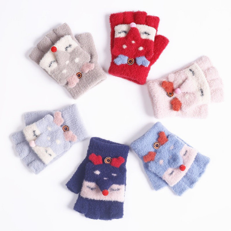 Children's flip-top gloves for boys and girls in autumn and winter, students write with half fingers exposed for warmth, cartoon winter, cute kindergarten Item Picture