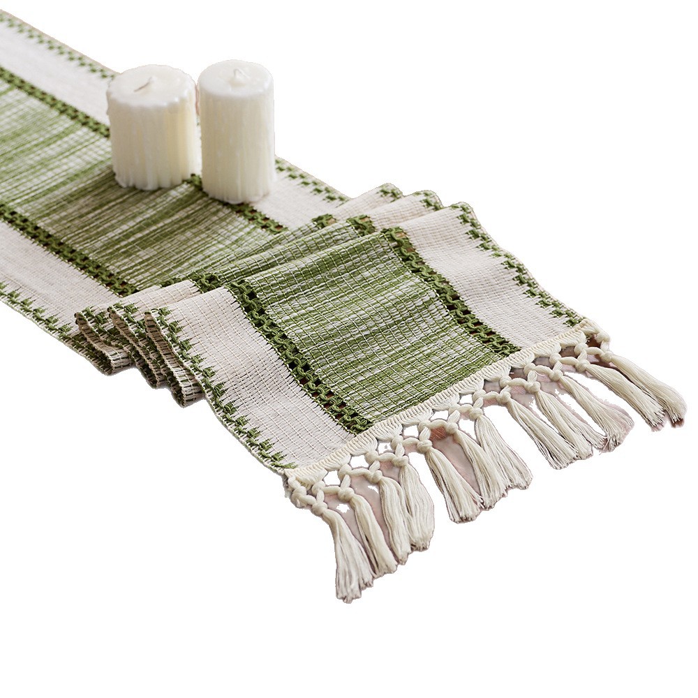 Cotton and linen style table flag with tassel knots, fresh and clean sage green festival party table decoration, coffee table tablecloth pad Item Picture
