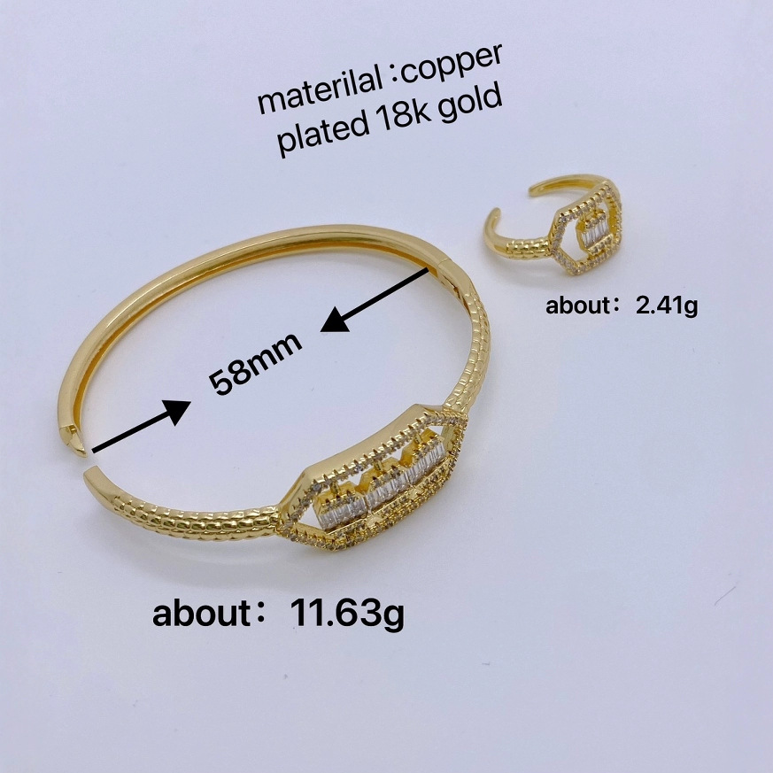 A new French hexagonal zirconium-inlaid copper 18K gold-plated, fashionable and simple adjustable geometric bracelet and ring set Specification image