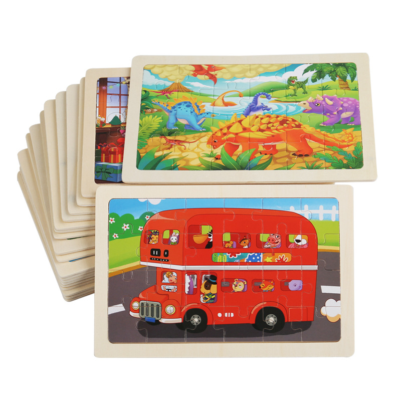24 pieces of wooden cartoon animal dinosaur flat wooden large jigsaw puzzle for children, educational toys for boys and girls Item Picture