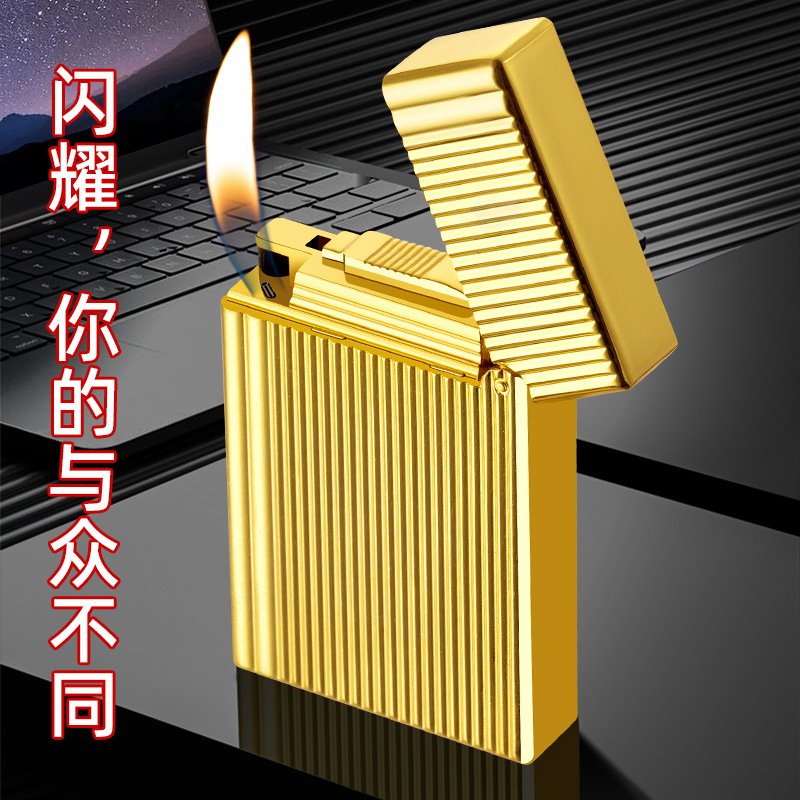 DK855朗声经典复古打火机钢音侧滑砂轮充气明火金属竖纹斜火礼品产品图