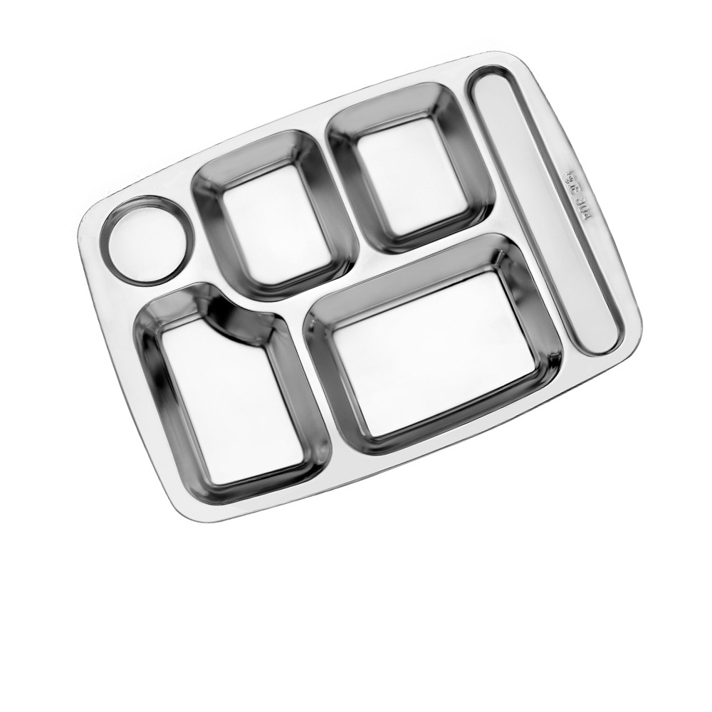 食品级304不锈钢学生快餐盘加厚食堂餐盘方形分格餐厅大餐盘饭盘白底实物图