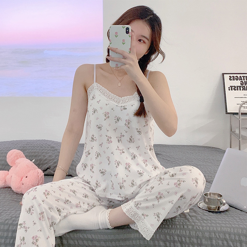 New spring and autumn pajamas for women with breast pads, sexy halter tops, long-sleeved shirts and long pants, three-piece set, lace floral home wear Specification image