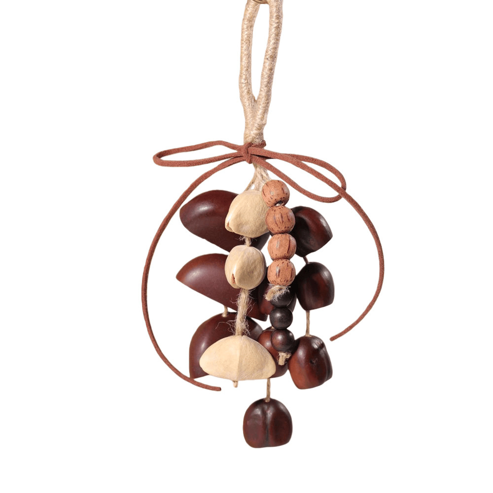 Indonesian handmade fruit shell wind chimes, natural Musical Instruments, sound therapy hand-cranked bells, fruit shell cranked bells, diy wind chime bags, hanging ornaments Application Scenario