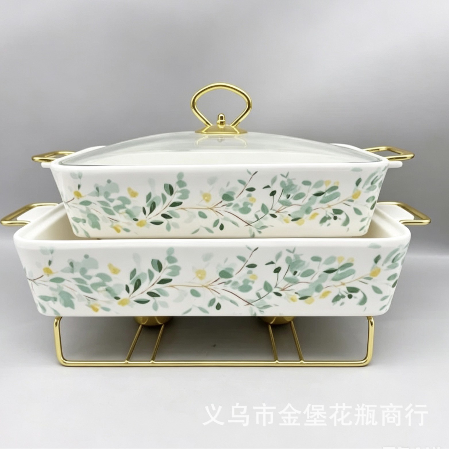 Fresh green plant flower surface ceramic lid baking tray with light luxury gold edge design cross-border Amazon ceramic tableware