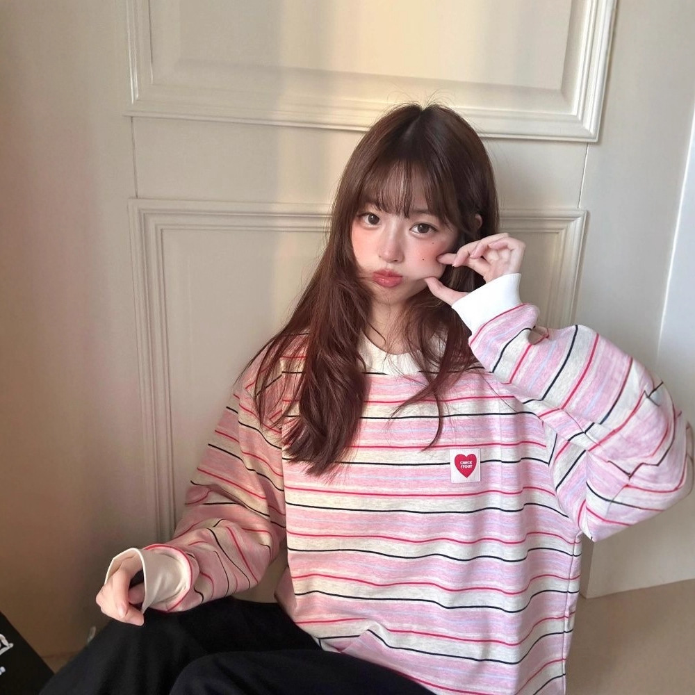 韩系甜美条纹圆领长袖t恤女秋季新款宽松显瘦慵懒风撞色百搭上衣细节图